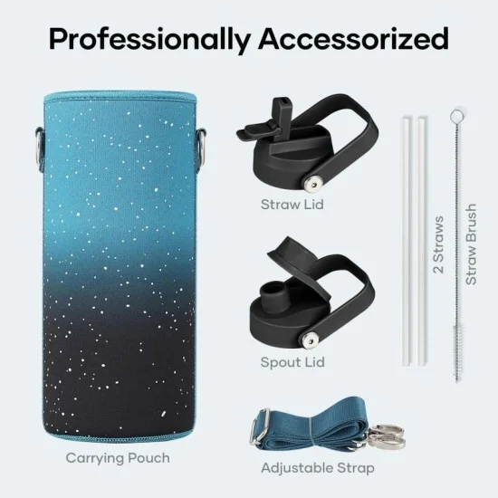 Buzio Duet Series Water Bottle with 2 Lids and Sleeve 1.2L - Starry Indigo